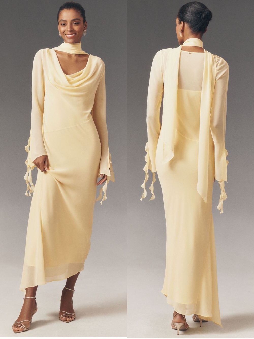De La Vali Cristobal Cowl Neck Maxi Dress Butter Yellow Scarf NWT US 4 / UK 8